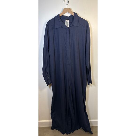 Free People Linen-Blend Super Wide Leg Long Sleeve Jumpsuit - Navy Blue L - Picture 2 of 8